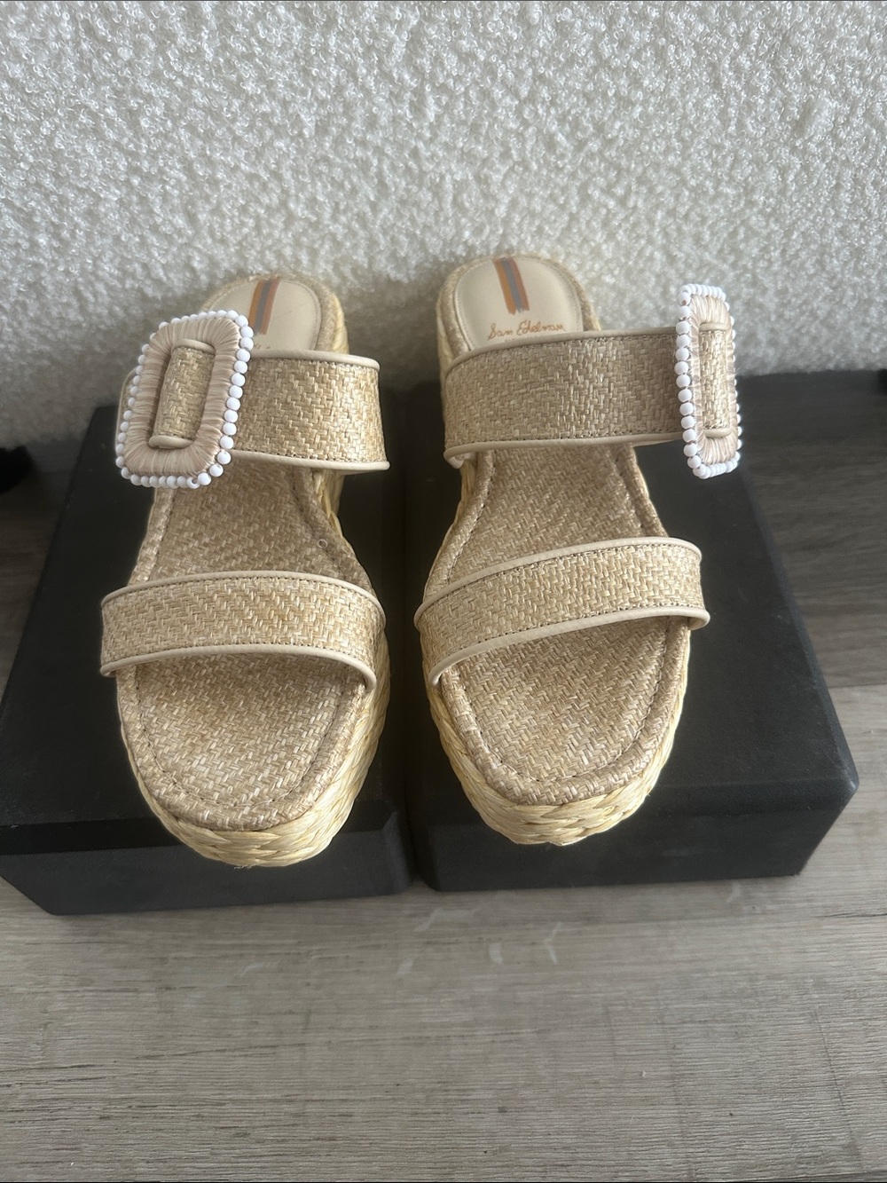 Sam Edelman Natural Raffia Wedge Slides with Beaded Buckles
